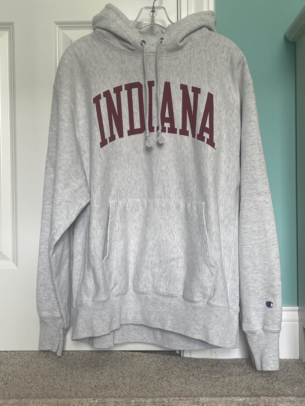 Champion Indiana Arch Gray Hoodie with Maroon Logo
